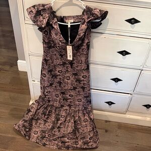 Rebecca Taylor Pink and Black Floral Midi Dress